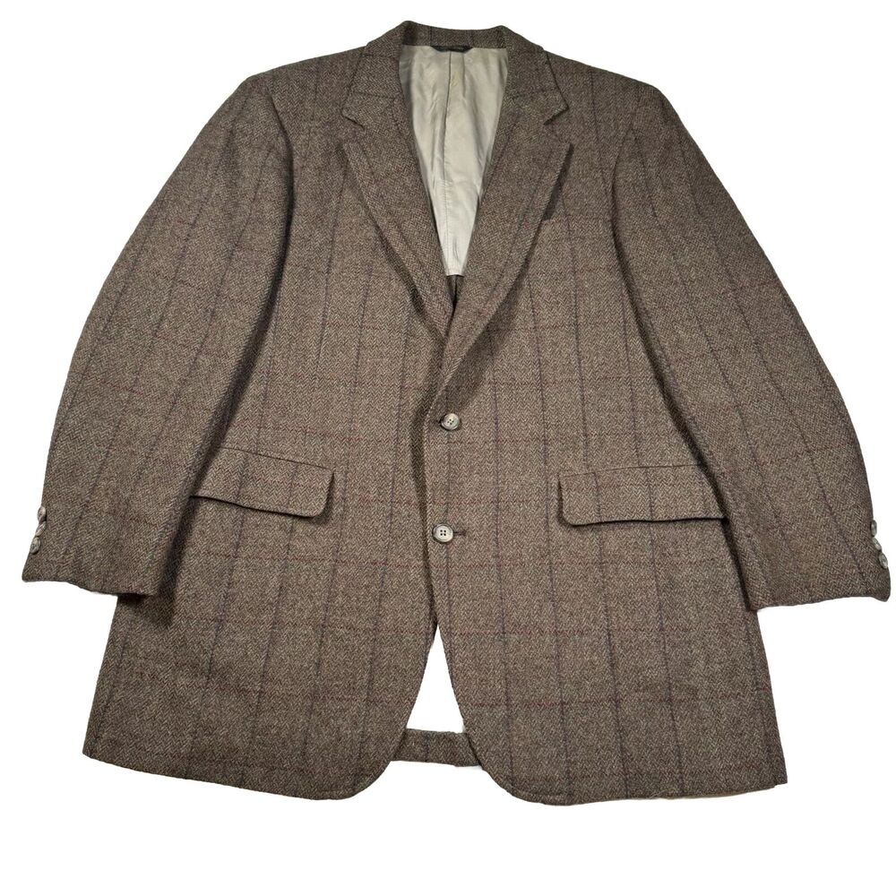 Vintage Mens Sports Coat Wool Tweed Windowpane 44R Brown USA Union Made